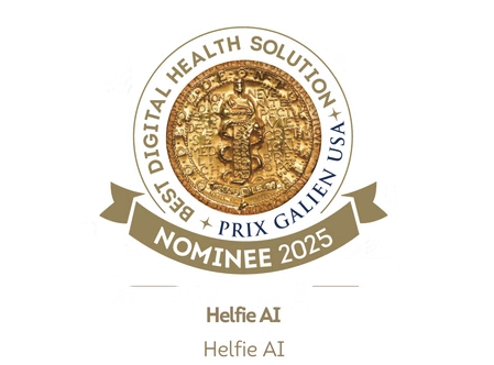 Helfie AI app on smartphone showing Helfie AI Shortlisted for the Prix Galien USA 2025 “Best Digital Health Solution